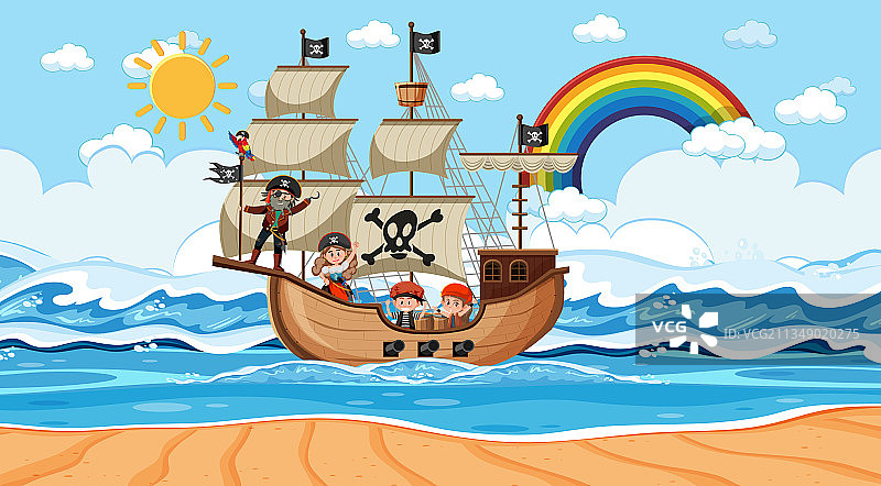 海滩与海盗船在白天的场景图片素材