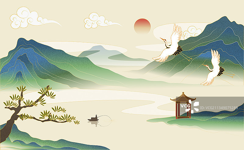 中国风青绿色山水风景插画图片素材
