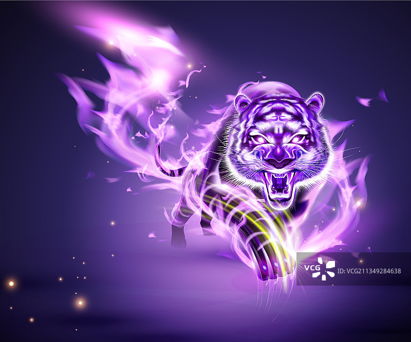 老虎燃烧着紫色的火焰图片素材