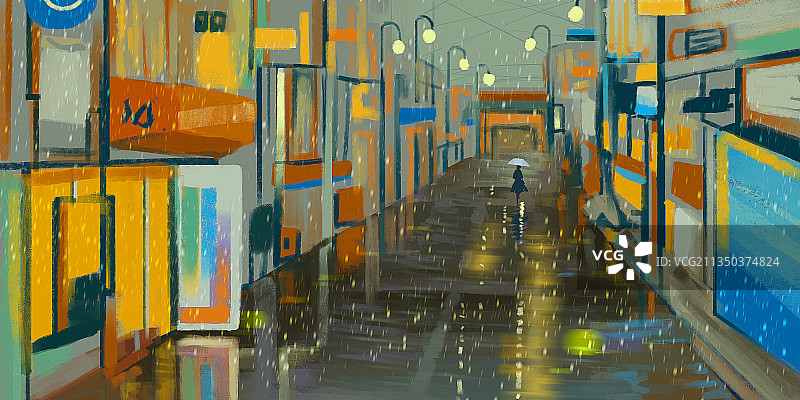 下雪的霓虹灯街道色块艺术插画图片素材