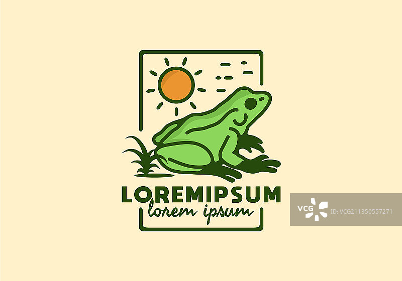 绿色青蛙和太阳线艺术与lorem ipsum文本图片素材