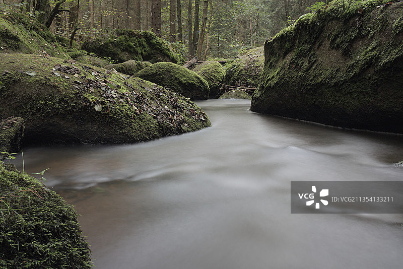 德国杜斯特，河流穿过森林的风景图片素材