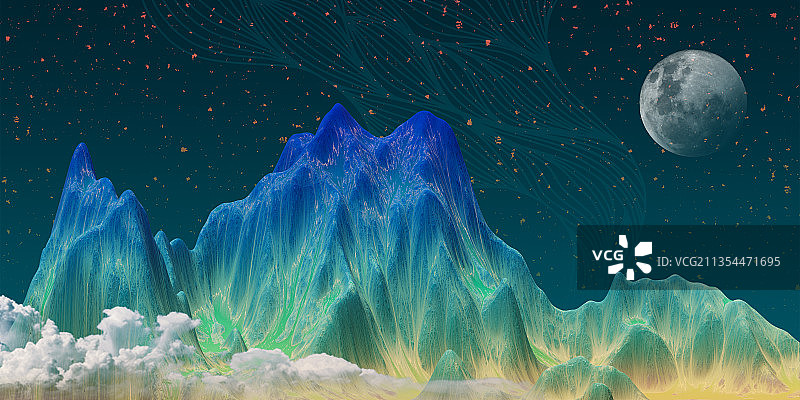 3D国潮中国风青绿山水元素插图图片素材