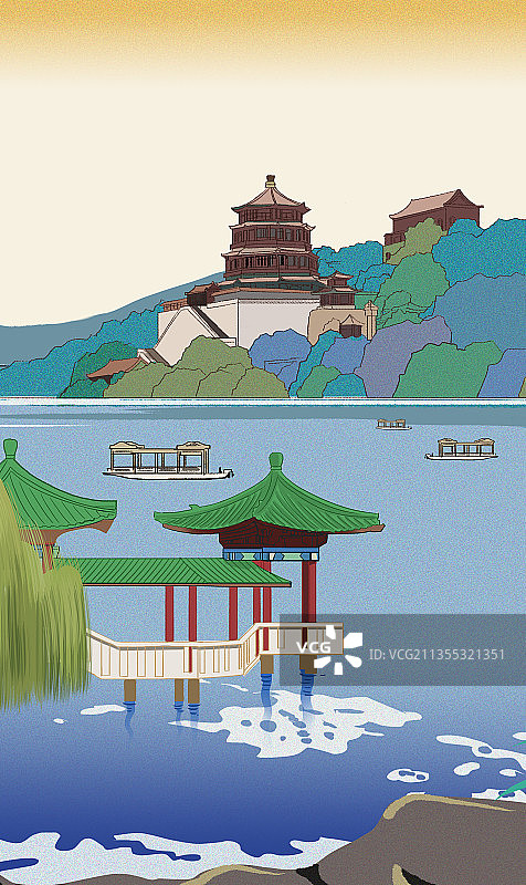 中国风新中式古风北京颐和园旅游城市仿古浮世绘风景插画图片素材