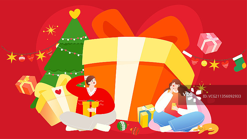 快乐的情侣互送礼物庆祝圣诞节平安夜矢量插画图片素材