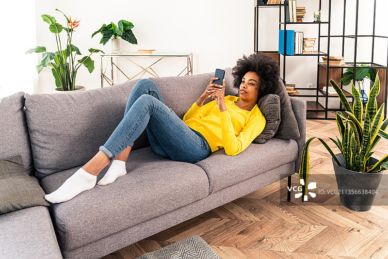 女人坐在家里的沙发上玩手机图片素材