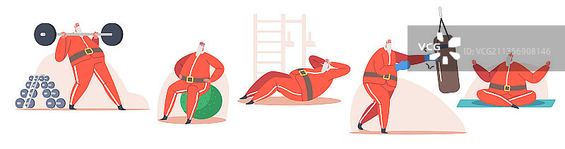 一套圣诞老人在健身房锻炼圣诞节图片素材
