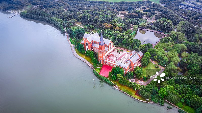 江苏省苏州市工业园区独墅湖教堂航拍图片素材