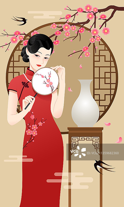 一个拿着扇子的旗袍美女和花窗花瓶梅花燕子图片素材