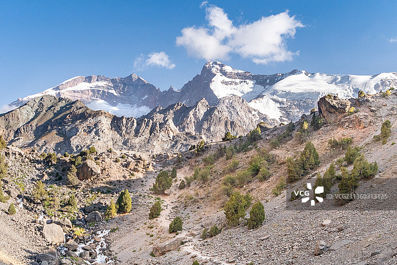 美丽的山路，白雪皑皑的群山映衬着天空，塔吉克斯坦图片素材