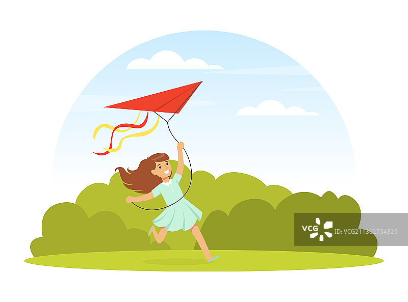 小女孩在放风筝，手里拿着风筝线图片素材