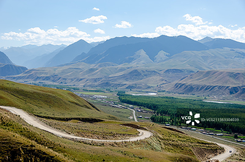 航拍视角拍摄中国新疆伊犁草原的河流河小路图片素材