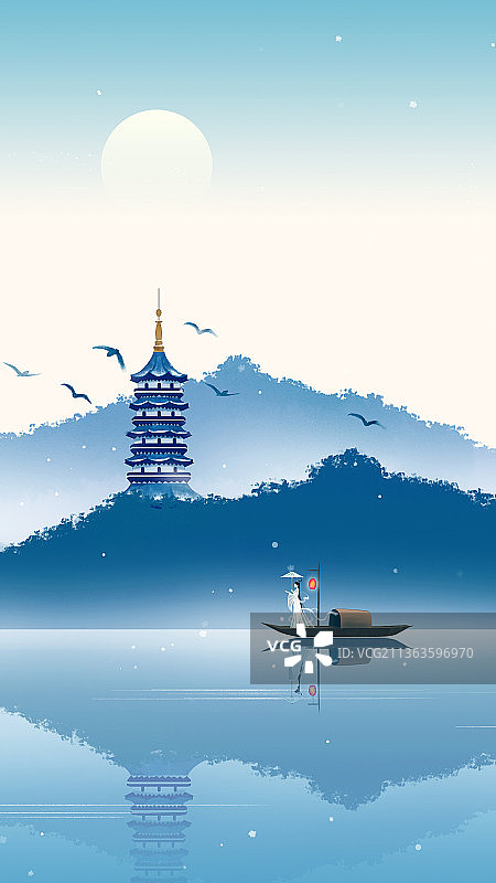 古风冬天杭州西湖中国风插画图片素材