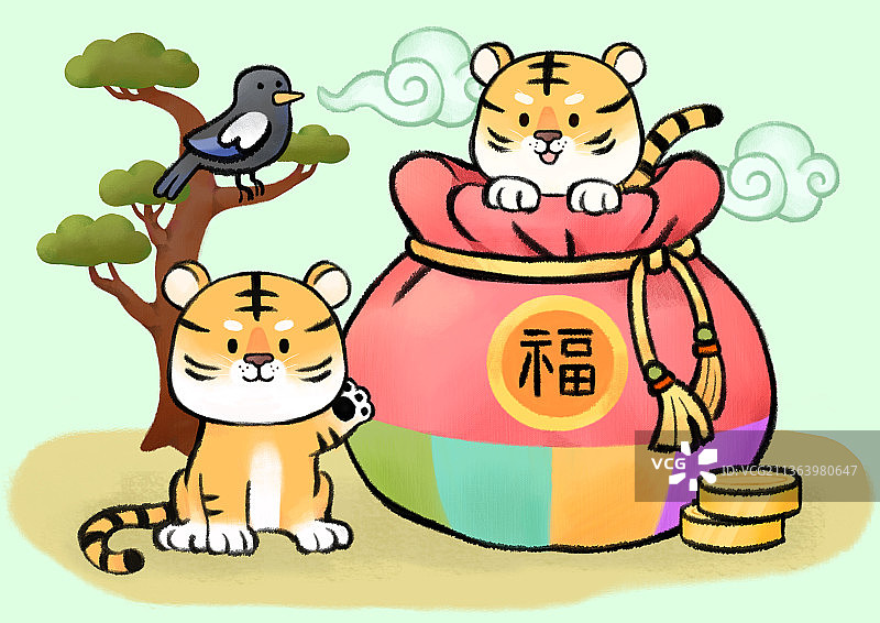 两个可爱的老虎角色12个月概念，带幸运符包图片素材