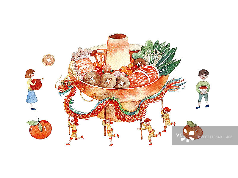 吃火锅舞龙新年习俗插画图片素材