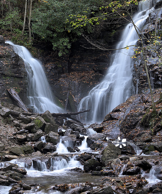 美国北卡罗莱纳州的麦琪山谷，秋日瀑布，森林中的瀑布图片素材