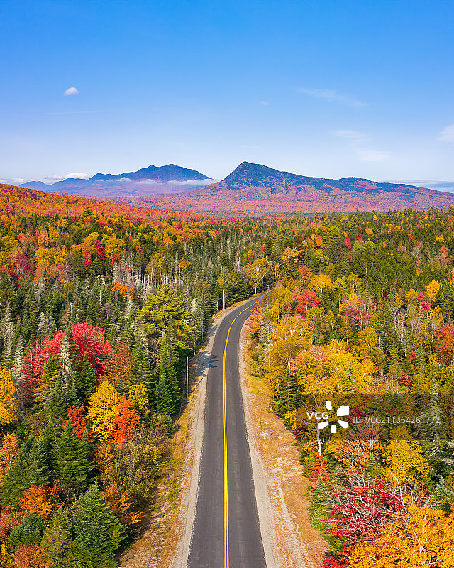 美国缅因州，毕格罗路，秋天在天空下树木环绕的风景图片素材