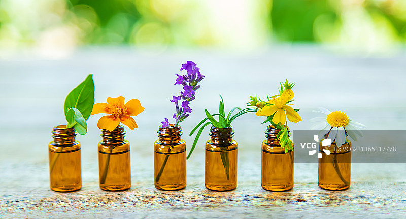 精油和草药提取物在小瓶选择性重点图片素材