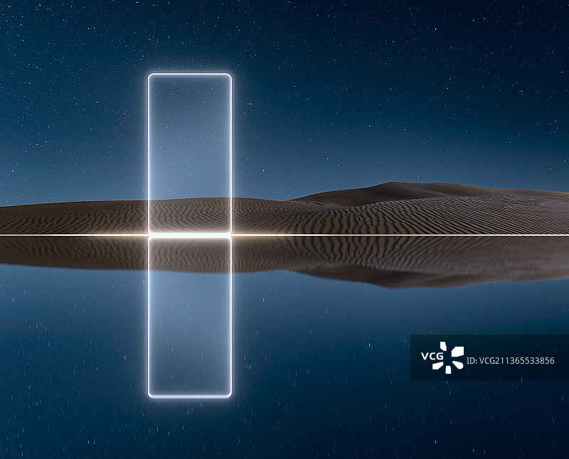 星空下沙漠上的光柱门概念科技未来图图片素材