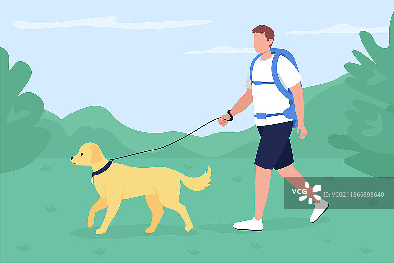 徒步者与狗散步在乡村平坦的颜色图片素材