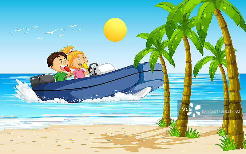 和孩子们在摩托艇上欣赏海滩美景图片素材