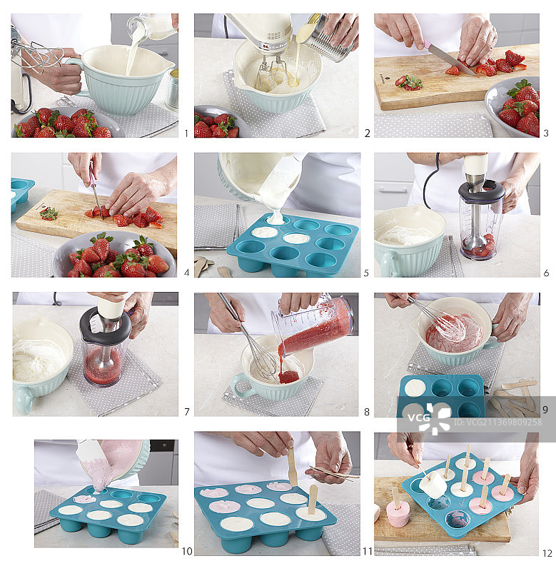 用牛奶和草莓制作速食冰淇淋图片素材