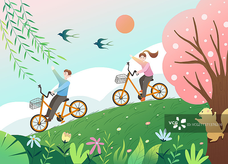 春天户外踏青骑自行车风景插画海报图片素材