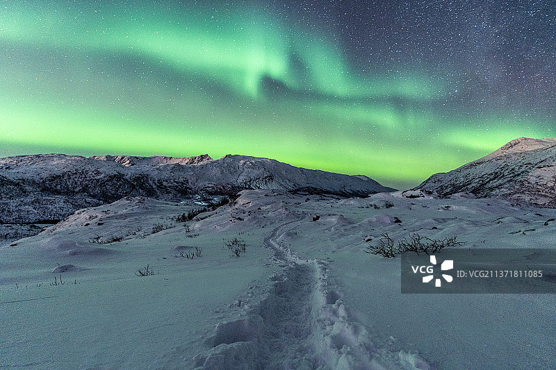 极地辉光，夜晚天空映衬下雪山的风景图片素材