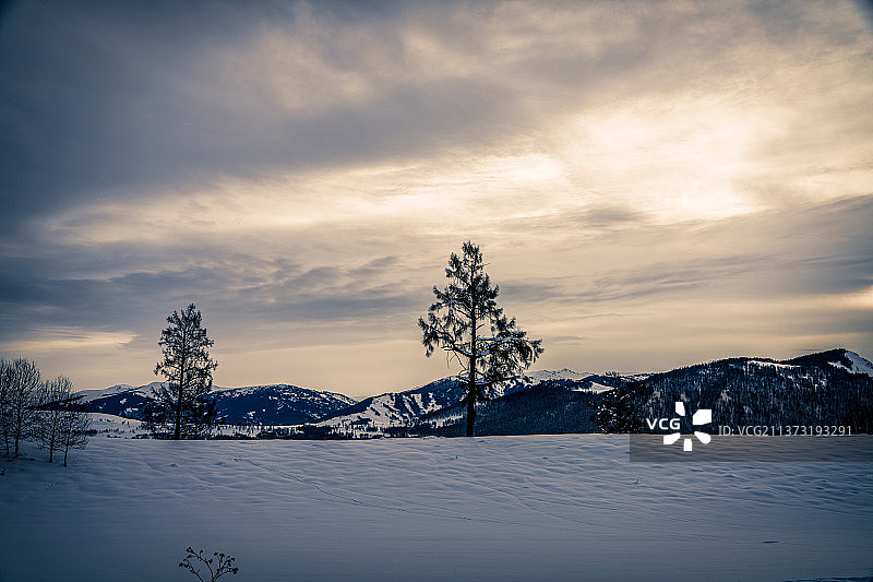 日落时，白雪覆盖的田野映衬着天空的景色图片素材