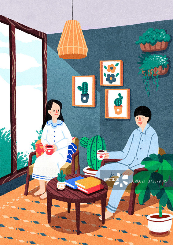 夫妇坐在椅子上喝咖啡在家里的插图图片素材