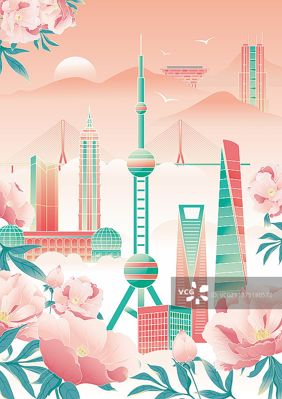 国风上海城市建筑矢量海报图片素材