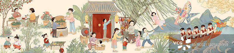 中国传统节日端午节习俗民俗人物国潮插画图片素材