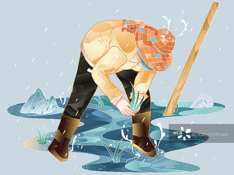 二十四节气谷雨国风插画一个戴帽子的农民在农田插秧农耕文化图片素材