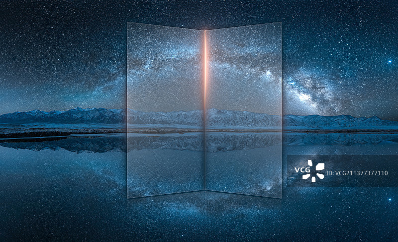 雪山银河星空下的发光玻璃图片素材