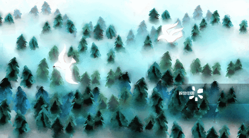 中国风水彩森林飞鸟大自然插画-GIF动图图片素材