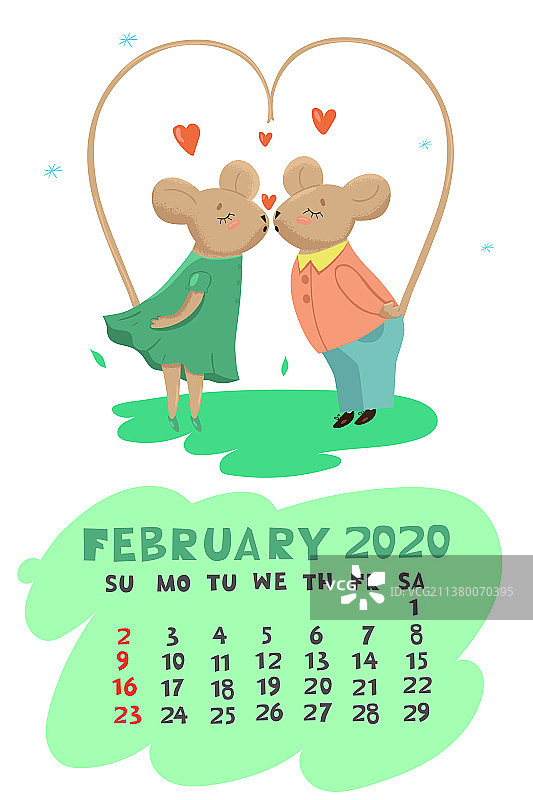 2020年2月印有接吻老鼠的日历图片素材