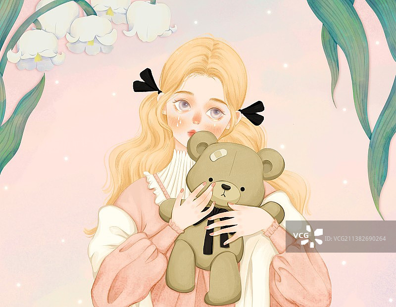 手绘抱着小熊玩偶的长发少女图片素材