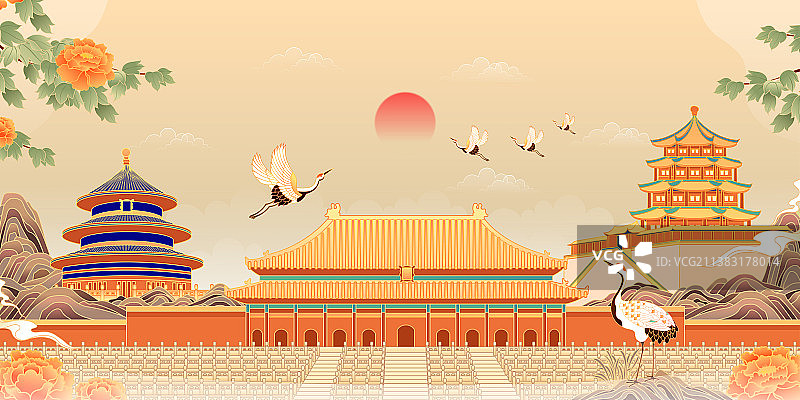 复古中国风北京历史建筑矢量插画图片素材
