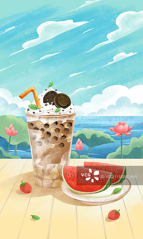 夏季喝奶茶吃西瓜户外场景图片素材