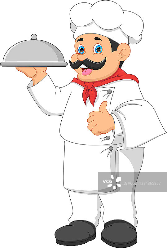 厨师端上食物托盘，竖起大拇指图片素材
