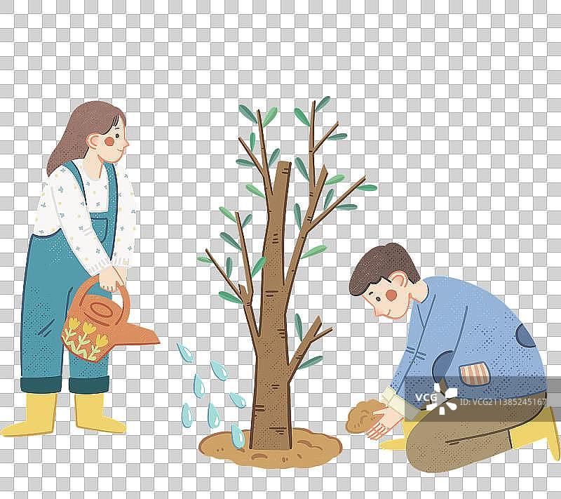 手绘卡通可爱种植树苗的两个人图片素材