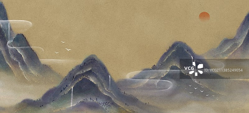 中国风水墨风格古典山水云雾图片素材