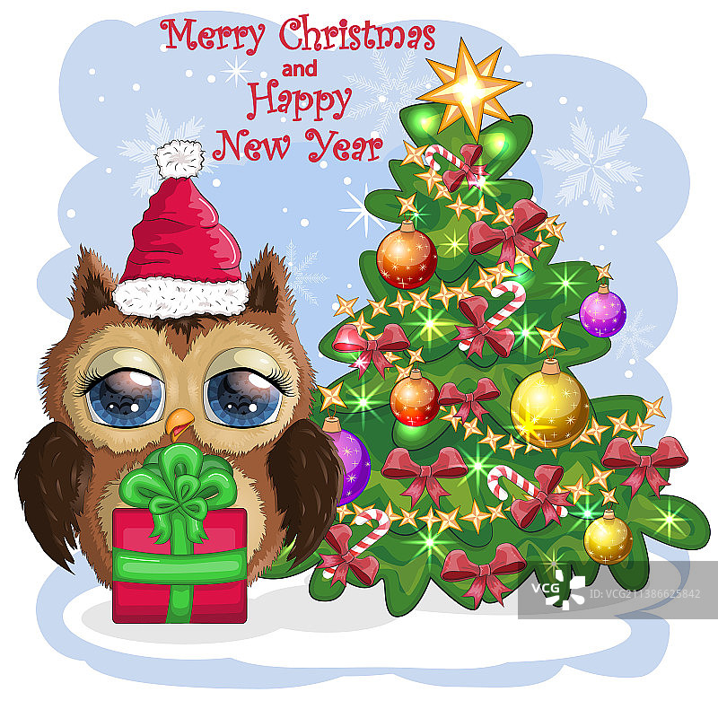 圣诞贺卡可爱卡通猫头鹰与图片素材