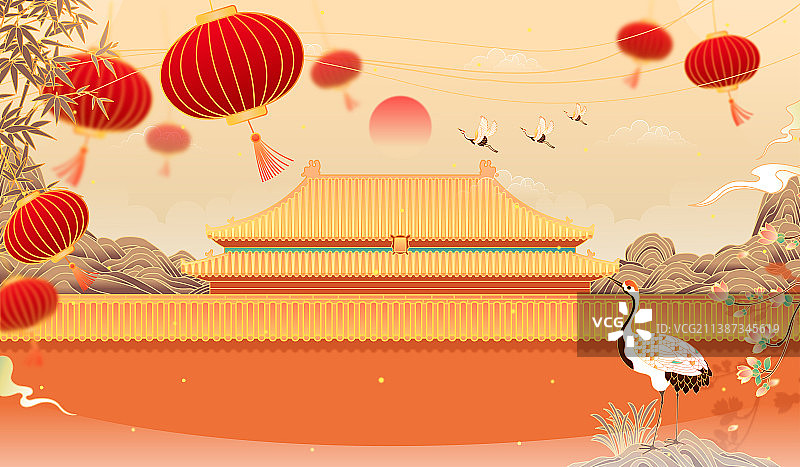 复古中国风北京故宫喜庆新年插画图片素材