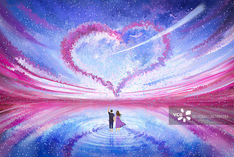 流星划过爱心天空下的情侣插画壁纸图片素材