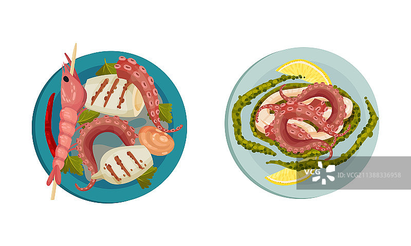 煮熟的章鱼虾和鱿鱼作为海鲜菜肴图片素材