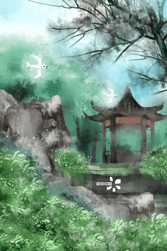 中国风水彩园林庭子插画背景-GIF动图图片素材