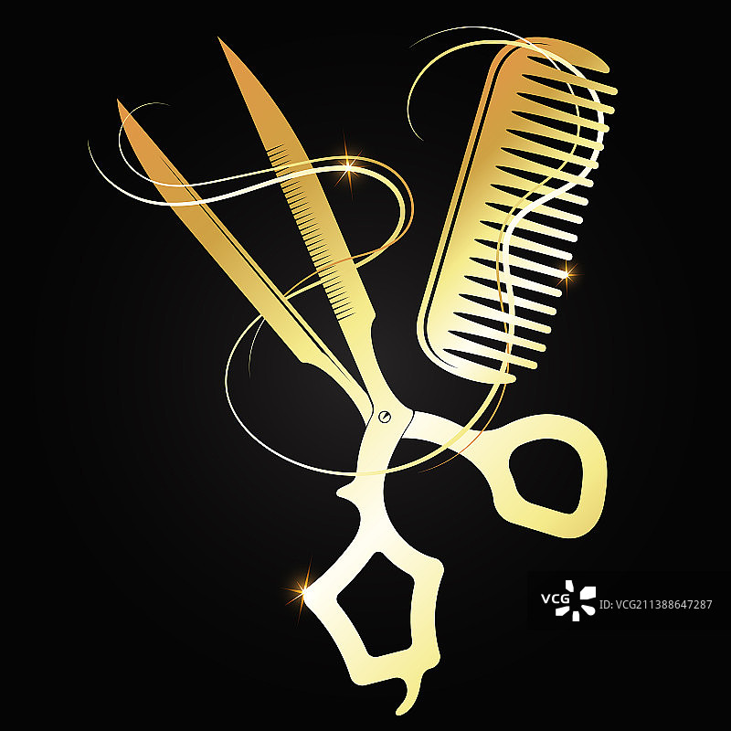 金色的剪刀和梳子用一缕头发图片素材
