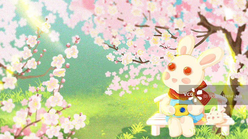 兔年一月粉色桃花椅子小兔子系列插画图片素材