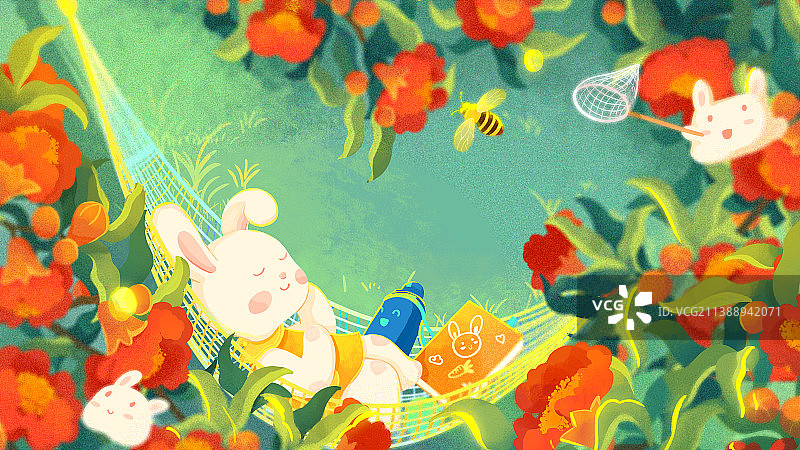 兔年五月石榴花下吊床小兔子蜜蜂系列插画图片素材